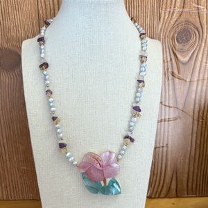 Lee Sands Vintage Shell Inlay Flower Pendant Bead Necklace Amethyst Citrine MOP